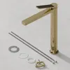 A gold-colored faucet and its installation accessories are laid out on a light gray surface. Voir les images du produit