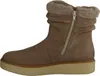 A side view of a brown suede boot with a faux fur trim and a zipper. Produktbild-Vorschau