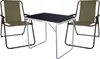 A folding camping table and two chairs are shown against a white background. Produktbild-Vorschau