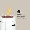 A close-up of a white speckled gas fire pit with flames and lava rocks, with marketing text and a 360-degree icon on the right. Produktbild-Vorschau