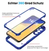 An exploded view of a phone case, showing its three components: the front cover with screen protector, the phone, and the back cover. Produktbild-Vorschau