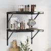 Two black metal shelves mounted on a white tiled wall, displaying kitchen items. Voir les images du produit