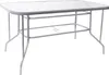 A white metal frame garden table with a glass top, shown from a diagonal angle against a white background. Produktbild-Vorschau