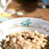 A close-up of a bowl of cereal with a dinosaur illustration on the rim. Produktbild-Vorschau