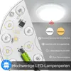 A split image showing the internal components of an LED lamp on the left and a lit LED ceiling lamp on a ceiling on the right, with feature callouts. Produktbild-Vorschau