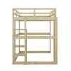 A wooden bunk bed with a ladder and desk attachment, shown against a white background. Produktbild-Vorschau