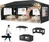 A collage of images showing a large black party tent set up for an event with tables and chairs inside, a person carrying a folded tent, and smaller views of the tent. Náhled obrázku produktu