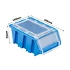 A blue storage bin with a clear lid, showing dimensions. Produktbild-Vorschau