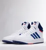 A pair of white Adidas high-top sneakers with blue stripes and accents. Produktbild-Vorschau