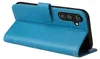 A blue flip case for a Samsung Galaxy A15/A15 5G phone is shown from a side angle, with the case open to reveal the phone's camera array. Produktbild-Vorschau