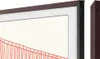 A close-up view of a brown frame for a television, with a white background and a partial illustration of a red bridge. Voir les images du produit
