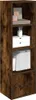 A tall, narrow, four-shelf bookcase with a wood grain finish. The top three shelves are open, displaying books and decorative items. The bottom shelf is enclosed by a door with a small handle. Náhled obrázku produktu