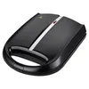 A black waffle maker with a silver stripe and a red indicator light, shown from a slightly elevated angle. Voir les images du produit