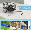 A collage showing a bicycle cargo trailer with dimensions, a camping scene, a supermarket aisle, and people loading boxes into a van. Produktbild-Vorschau