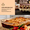 A split image showing marketing text and icons on the left, and food in glass dishes on the right. Produktbild-Vorschau
