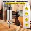 A person is using a CNC machine to engrave wood, with a close-up of the spindle motor and its specifications displayed. Náhled obrázku produktu