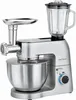 A silver and black multi-functional kitchen appliance with a stand mixer bowl, a meat grinder attachment, and a blender jug. The appliance is shown on a white background. Produktbild-Vorschau
