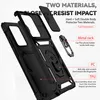 An exploded view of a black phone case with various features highlighted by text. Produktbild-Vorschau