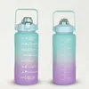Zwei Ansichten einer blauen und lila Verlauf-Wasserflasche mit hellblauem Griff und Deckel, mit Zeitmarkierungen und Volumenangaben Voir les images du produit