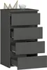 A gray chest of drawers with four drawers, some of which are open, on a white background. Decorative items are on top of the chest. Produktbild-Vorschau