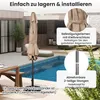 A closed umbrella is shown next to a swimming pool, with text overlays highlighting features. Podgląd zdjęcia produktu