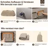 An instructional image showing how to set up and store an air mattress. Produktbild-Vorschau