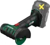 A cordless angle grinder with a battery pack shown in a dashed outline. Produktbild-Vorschau