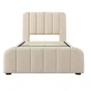 A beige upholstered bed frame with a slatted base, shown from the front. Náhľad obrázku produktu