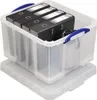 A transparent storage box filled with black binders and other office supplies, placed on its lid. Voir les images du produit
