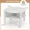 A diagram of a white round coffee table with dimensions and weight capacity indicated. Produktbild-Vorschau