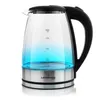 A glass electric kettle with a black handle and lid, illuminated with blue light, against a white background. Podgląd zdjęcia produktu