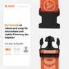 Close-up of an orange luggage strap with a black buckle, alongside descriptive text about the buckle's features. Anteprima dell’immagine prodotto