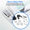 A sewing machine accessory compartment and a set of sewing accessories are shown. Produktbild-Vorschau