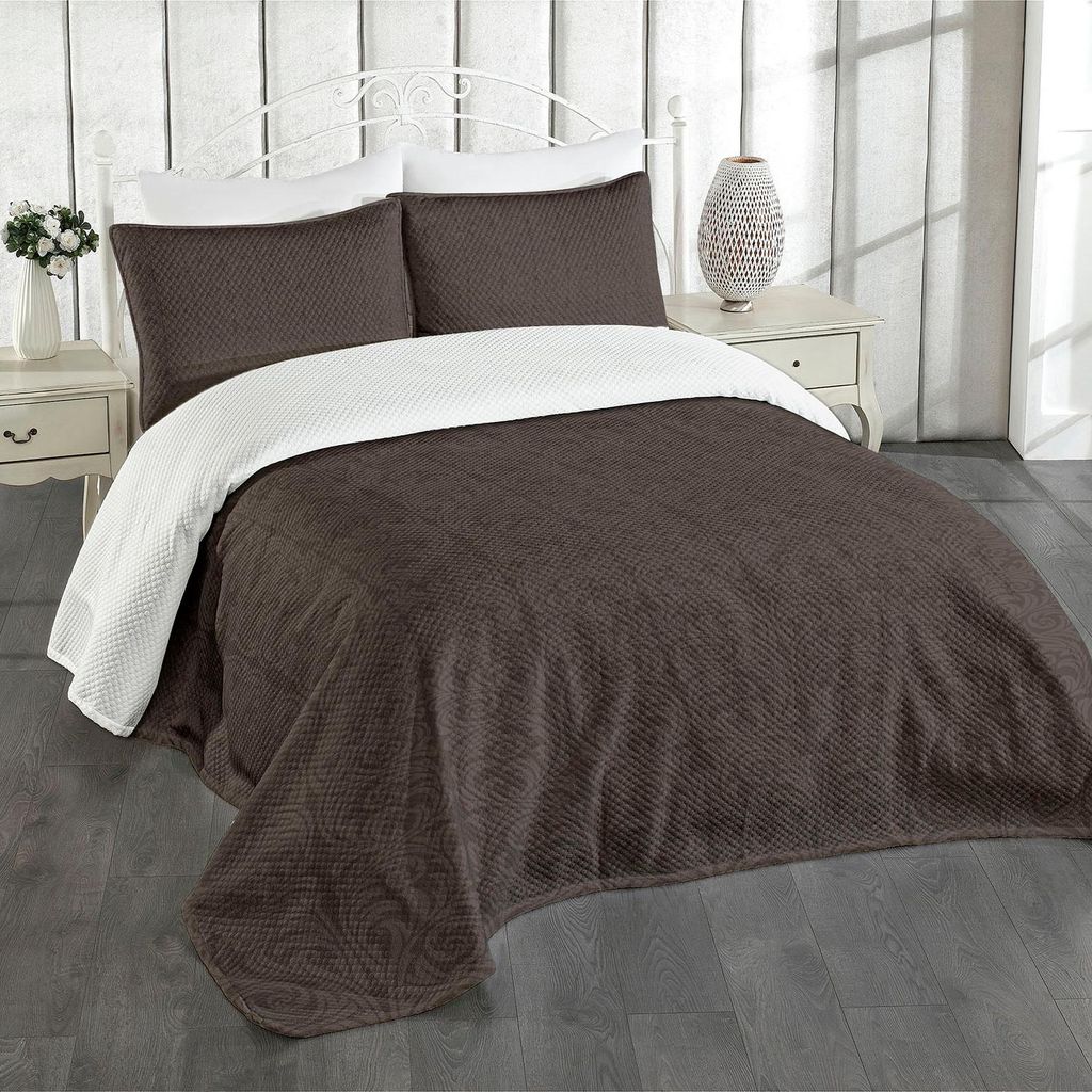ABAKUHAUS viktorianisch Tagesdecke Set, Monochrom-Grafik mit Curlicue Zier Antike Motivdruck, 264 x 220 cm, Dunkle Taupe Grau Taupe