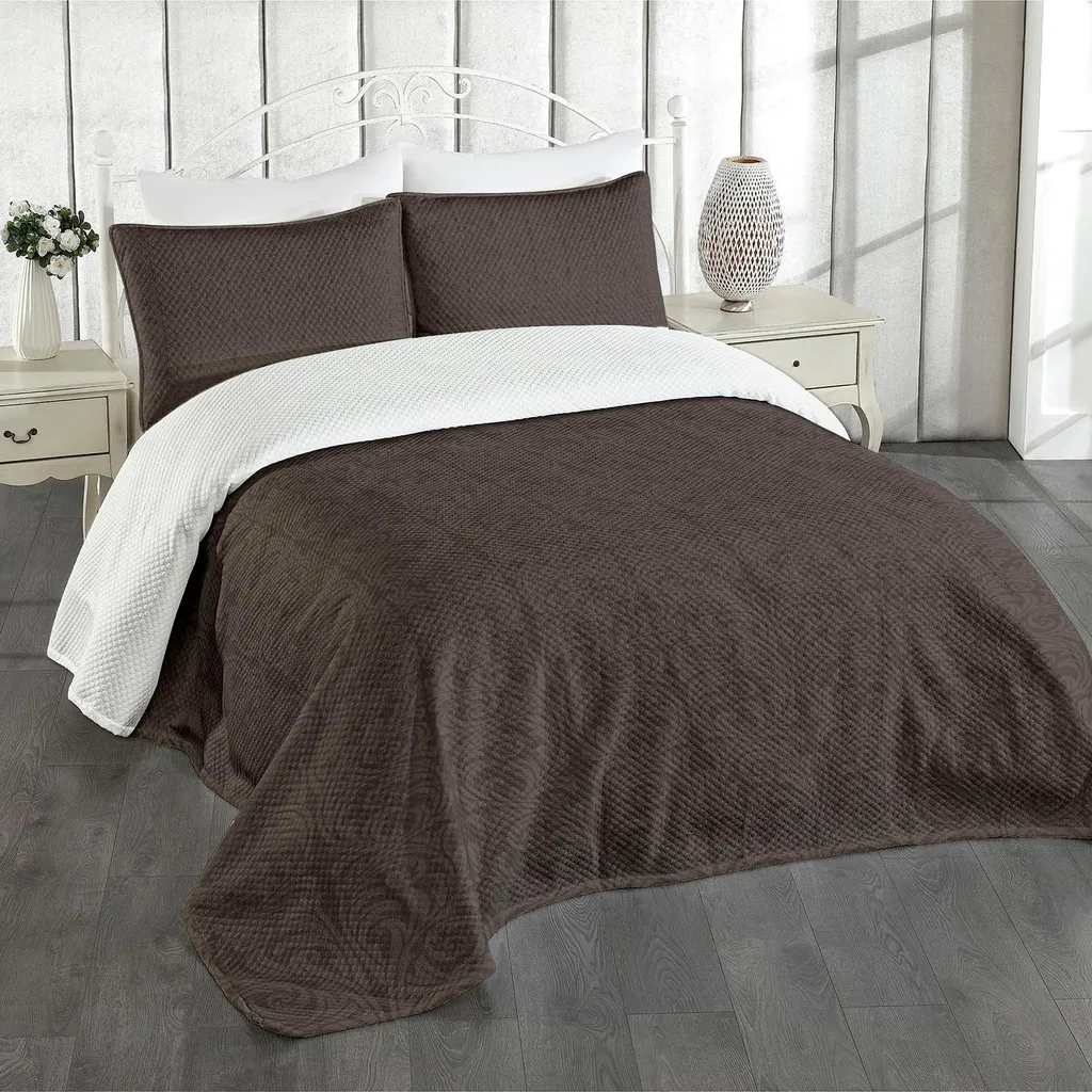 ABAKUHAUS Set copriletto vittoriano, grafica monocromatica con motivi decorativi curvilinei e stampa vintage, 264 x 220 cm, grigio taupe scuro
