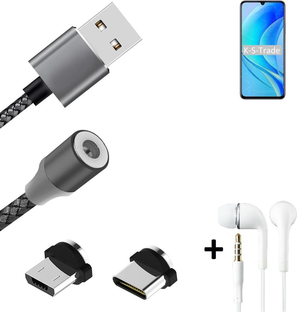 K-S-Trade Hochwertiges Magnet-Lade-kabel Sync-Kabel Daten-Kabel + Kopfhörer kompatibel mit Huawei nova Y70 mit USB-Typ-C-Anschluss und