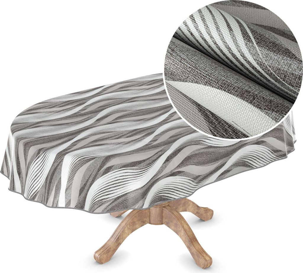 Tischdecke Wachstuch Premium Ornamente Grau Robust Wasserabweisend Oval Breite 140 cm Länge 220 cm