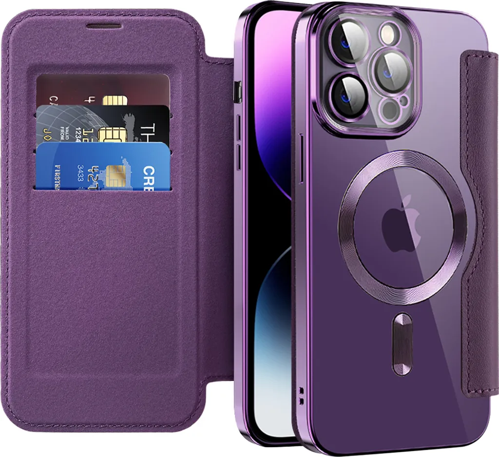 Cover MagSafe iPhone 15 Pro Trasparente Viola: Protezione Camera e Portafoglio