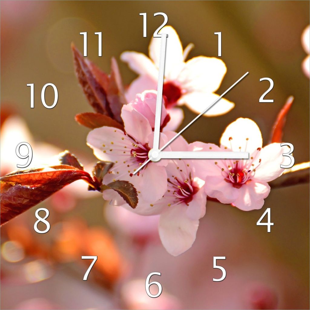Wallario Design Wanduhr Frühlingsgefühle II - Kirschblüten in Nahaufnahme aus Echtglas, Größe 30 x 30 cm