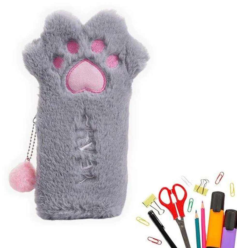 Trousse Scolaire Patte de Chat Grise en Peluche Souple pour Étudiants