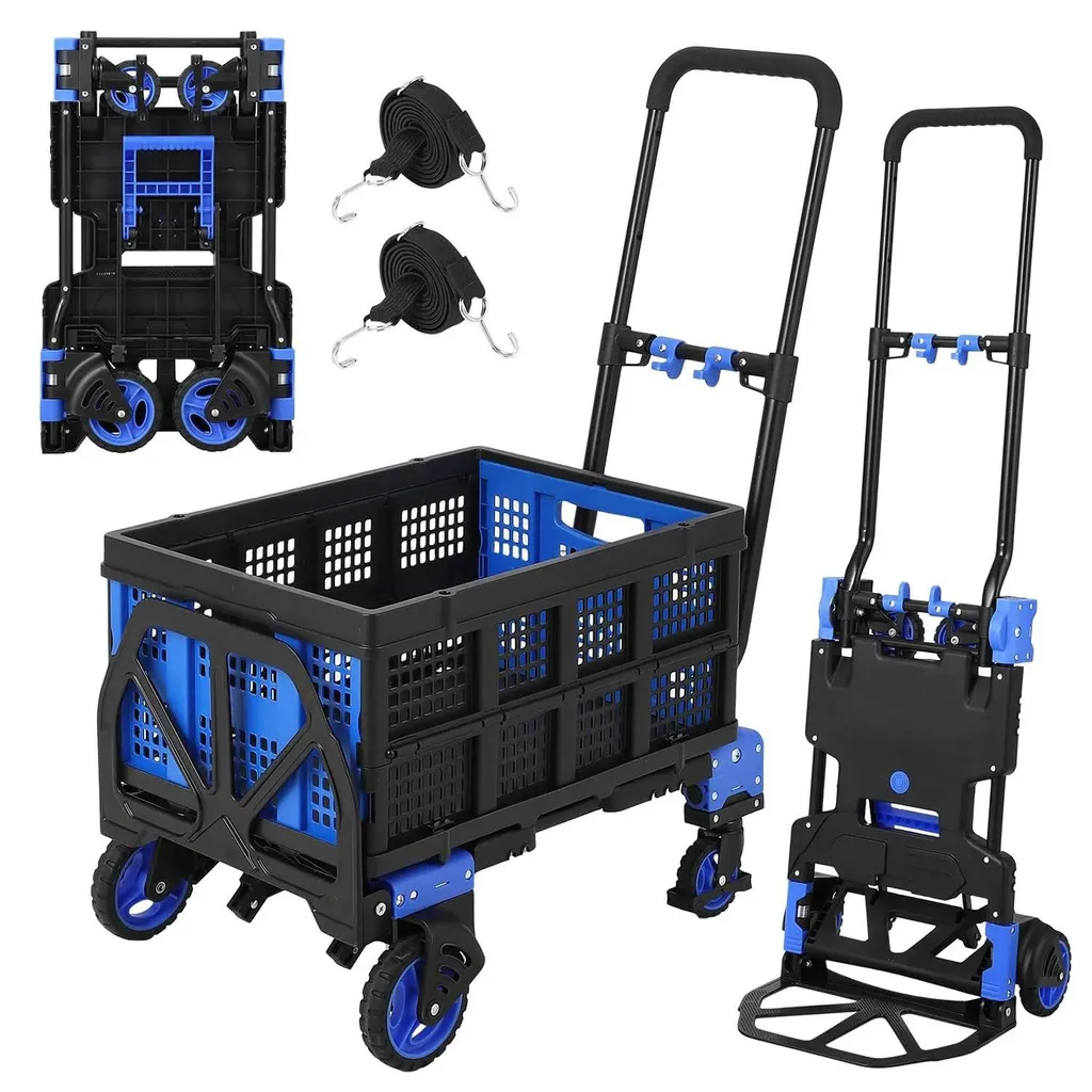 Diable 2-en-1 et Chariot Pliable Bleu avec Poignée Télescopique et Sangles