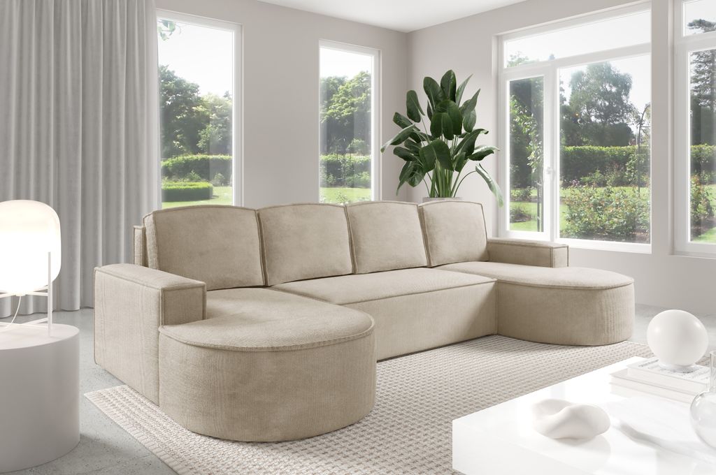 SOFELLO MOLLY ️ Luxus Wohnlandschaft U-Form – Große Runde Ecksofa mit Schlaffunktion | CURIO Stoff | Bonellfederung |