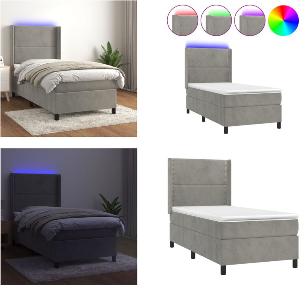 vidaXL Boxspringbett mit Matratze & LED Hellgrau 100x200 cm Samt - Boxspringbett - Boxspringbetten - Bett - Schlafzimmermöbel
