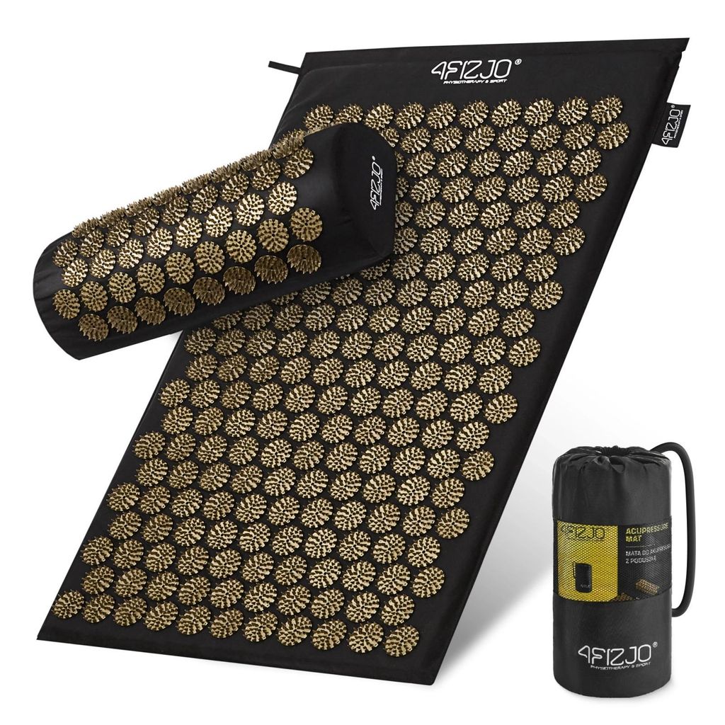 4FIZJO Akupressurmatte mit Kissen 68 × 42 cm, Set mit Noppen und Aufbewahrungsbeutel - Schwarz-gold