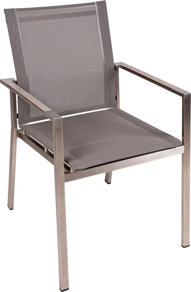 A single outdoor chair with a metal frame and gray mesh seating.
