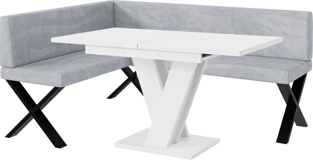 MEBLINI Eckbank für Esszimmer mit ausziehbarem Tisch - Küchenbank - Essecke - Sitzecke Küche - TONI - X-Beine 128x168x87cm Links - Hellgrau Samt...