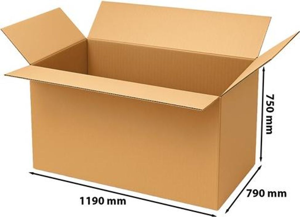 An open, empty cardboard box with dimensions indicated.