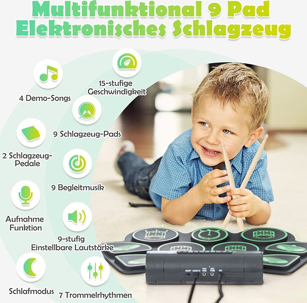 GOPLUS Elektronisches Schlagzeug mit 9 Pads, Sticks & Produktbild 2
