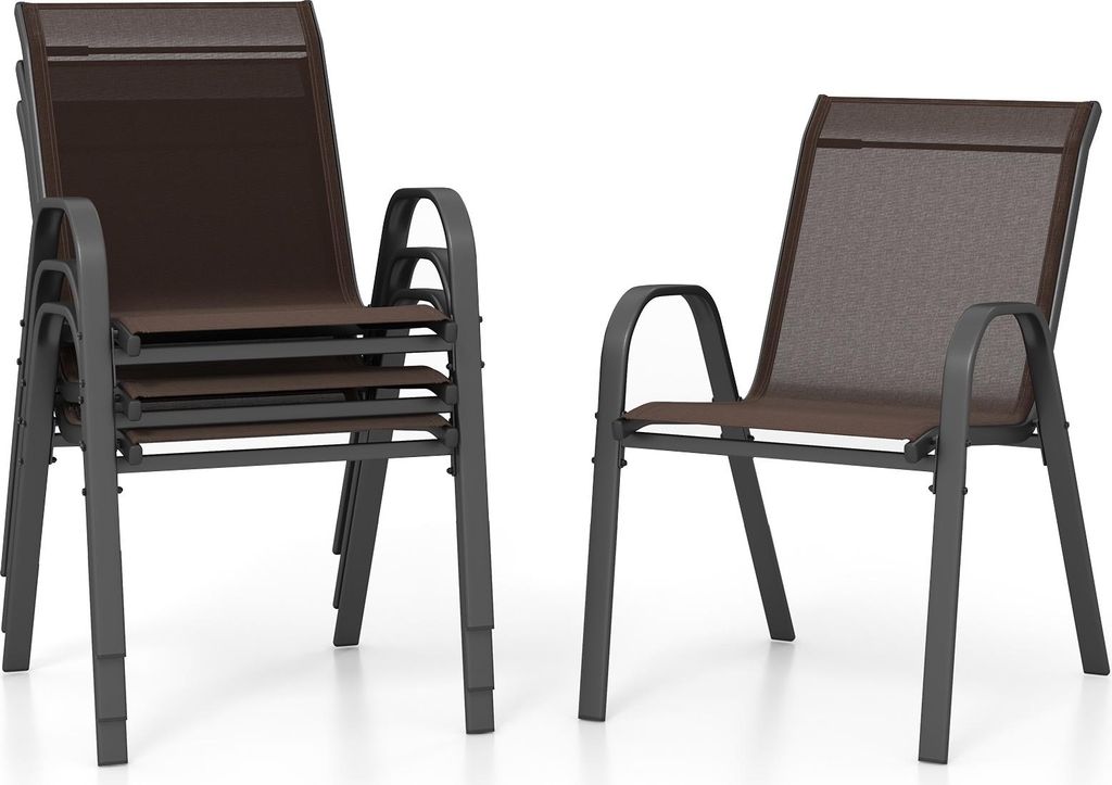 Gartenstühle Stapelbar 4er Set, Stapelstühle aus Textilene & Metall, Gartenstuhl Hochlehner mit Armlehnen, 56x70x84 cm (Braun, 4 Stück)