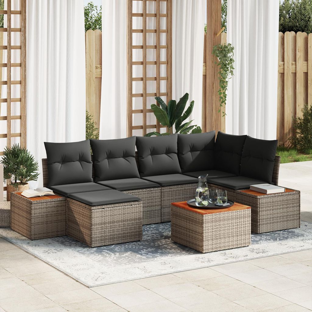 Desgin 7-teiliges Garten Sofa Set mit Kissen Grau Poly Rattan Akazie - Gartensofas 3356794